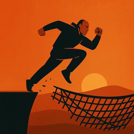 A muscular man leaps from the edge of a cliff toward a sagging safety net at sunset, symbolizing courage and moving forward without guarantees.