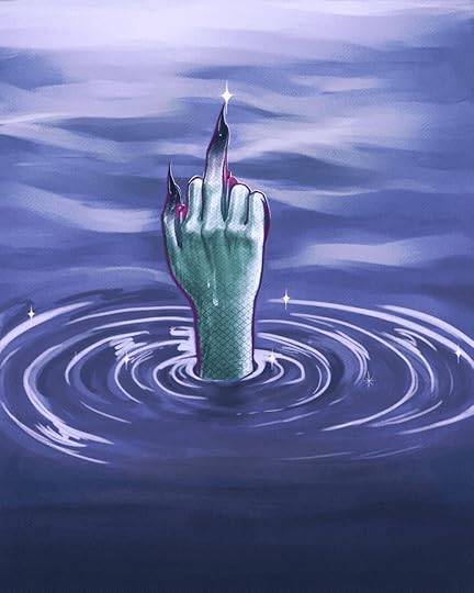 a drawing of a mermaid hand rising from the water. The middle finger is up, with an extra sparkle at the tip of the claw.