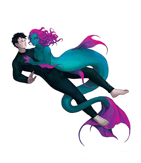 a drawing of Finn and Erie. Finn has a black wetsuit on with black hair just long enough to curl a little bit. Erie is a teal mermaid with magenta hair and fins. She has her tail wrapped around his legs, and he looks surprised.