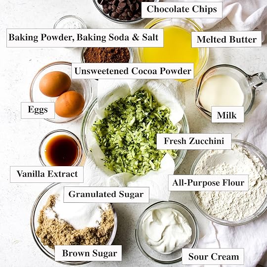 Overhead flat lay showcasing all ingredients for double chocolate zucchini muffins: chocolate chips, baking powder, baking soda, salt, melted butter, unsweetened cocoa powder, eggs, fresh shredded zucchini, milk, vanilla extract, all-purpose flour, granulated sugar, brown sugar, and sour cream, neatly arranged in bowls.