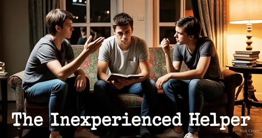 Three young men sit on a couch; the one in the middle looks unsure with a book in hand, while the others offer advice. Text reads “The Inexperienced Helper.”