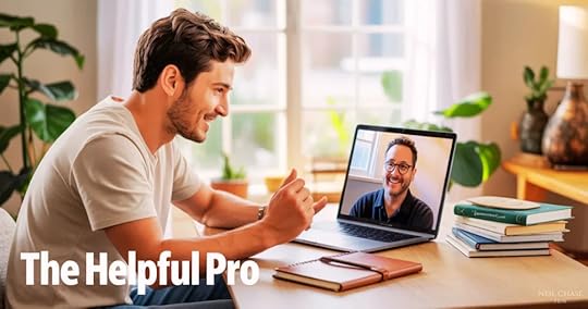 A smiling man chats via video call with a cheerful mentor on his laptop; books and plants surround him. Bold white text reads “The Helpful Pro.”
