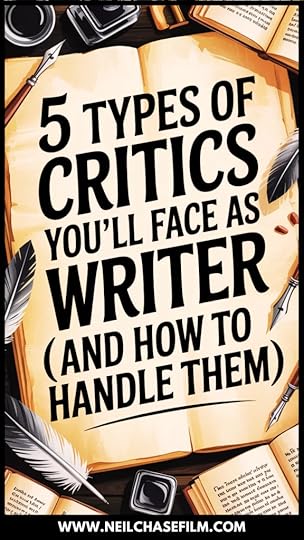 Infographic titled “5 Types of Critics You’ll Face as a Writer (And How to Handle Them),” with writing tools, ink bottles, and open books in the background.