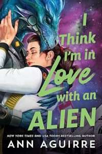 Illustrated cover in the style of a 1950s sci-fi movie featuring a purple and blue night sky background on the right and on the left and centre, a pretty white woman in the embrace of a blue alien with a kind of dragon face in blue with a touch of purple.