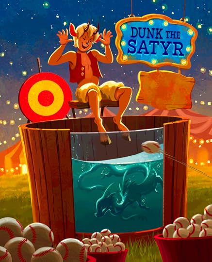 In "Dunk the Satyr" a mischievous Satyr sits above a dunk tank with a sea monster inside, making a silly face