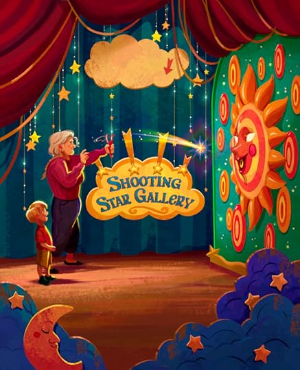In Shooting Star Gallery, a boy and his grandma shoot at a sun target 