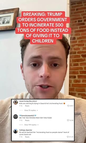 Person speaking in a video. Text above reads, "Breaking: Trump orders government to incinerate 500 tons of food instead of giving it to children."