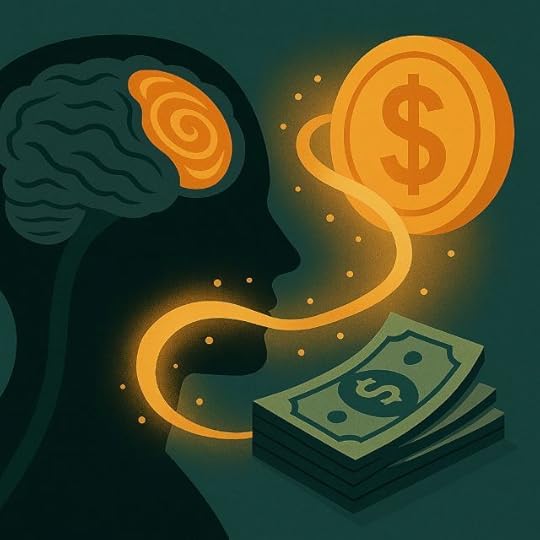A flat digital illustration showing a human head silhouette with a glowing brain spiral connecting to floating dollar bills and a gold coin, symbolizing quantum manifestation for money and energy.