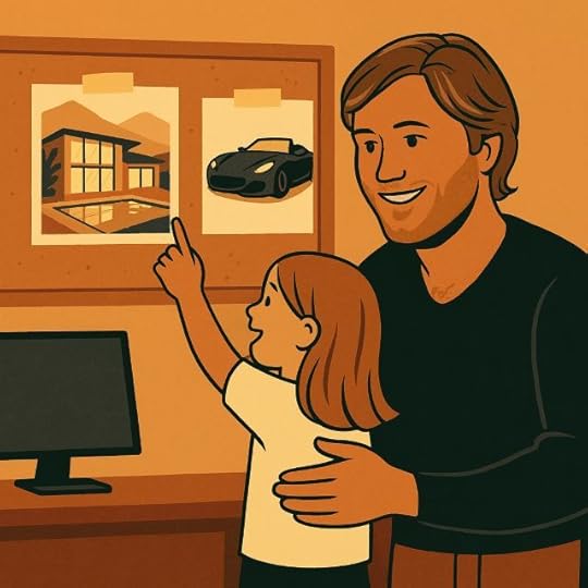 Jake Ducey and his daughter looking at a vision board with a home and car that matched their real-life reality.