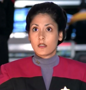 Alicia Coppola as Lt. Stadi in the Voyager pilot episode 