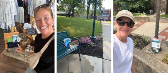 Image: three photos of author Jen Craven having left copies of her book in a local boutique, on a park bench at Allegheny College campus, and outside an ice rink as part of a 