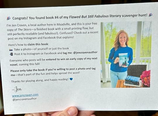 Image: the note that author Jen Craven left along with hidden copies of her book, encouraging people who found the book to share it and tag her on social media.