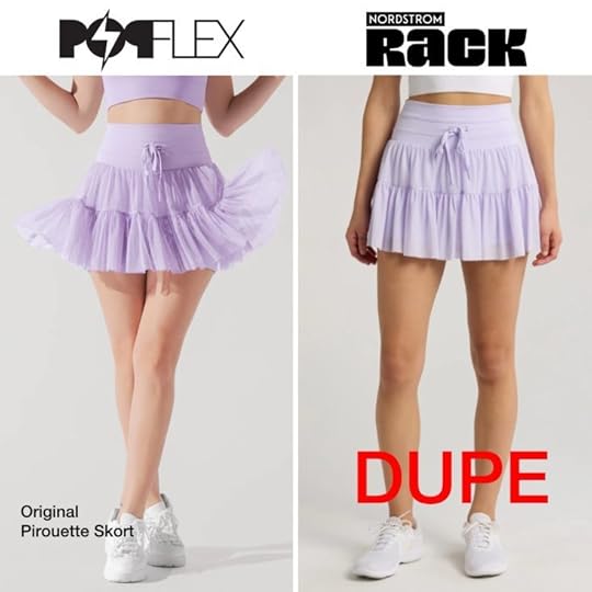 side by side comparison of popflex pirouette skort and gottex nordstrom rack dupe stolen design