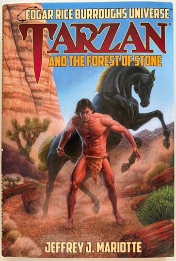 Cover shows Tarzan holding a knight and wearing a loincloth. Behind him is a black horse, kicking around. They are in a desert canyon, with a rock wall behind them and small cactus trees and logs.