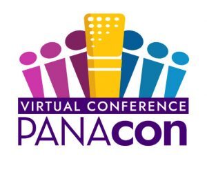 PANAcon Virtual Conference is text against the multi-colored PANA logo, which looks like abstract people behind the image of a gold microphone.