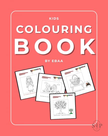 coral background with bold white text at the top that reads: Kids Colouring Book and in smaller text: By Ebaa. Underneath four images of black outline colouring pages from the book are scattered.