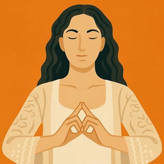 Woman practicing mudra meditation with closed eyes, seated cross-legged in a calm space, symbolizing energetic balance and clarity.