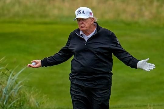 TURNBERRY, SCOTLAND - JULY 27: U.S. President Donald Trump reacts as he plays a round of golf at Trump Turnberry golf course dur