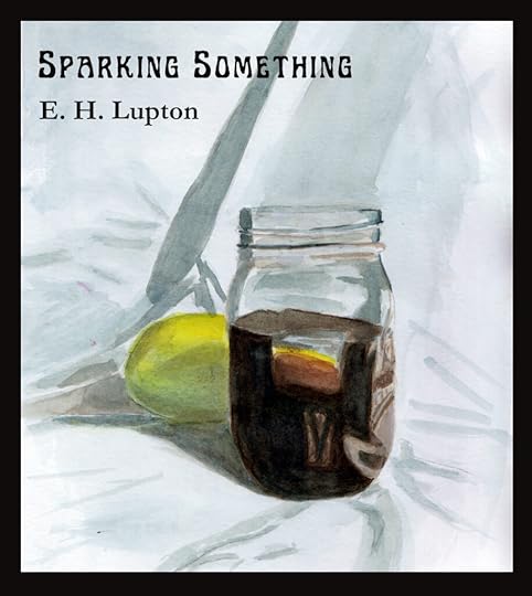 A watercolor painting of a mason jar with a rum and coke in it. There is one ice cube and a lemon lurking behind the jar. The title is