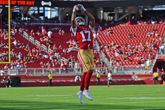 San Francisco 49ers quarterback Carter Bradley (17) or Jordan Watkins (17) reaches for a pass during warm-ups before their NFL preseason game at Levi's Stadium in Santa Clara, Calif., on Saturday, Aug. 9, 2025. (Jose Carlos Fajardo/Bay Area News Group)