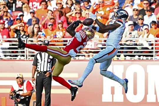 San Francisco 49ers' Darrell Luter Jr. (28) breaks up a pass intended for Denver Broncos' Courtland Sutton (14) in the second quarter of their NFL preseason game at Levi's Stadium in Santa Clara, Calif., on Saturday, Aug. 9, 2025. (Jose Carlos Fajardo/Bay Area News Group)