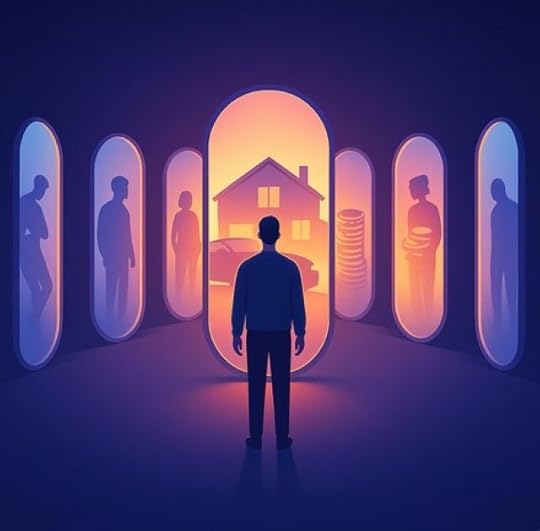 A person stands in front of six glowing mirrors, each reflecting a different version of their financial future, with one mirror showing a house, car, and coins.