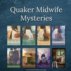Covers of all eight books from the Quaker Midwife Mysteries series displayed side by side