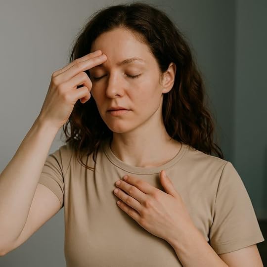 A young woman practices emotional release by gently tapping energy points on her face during a calming meditation session.