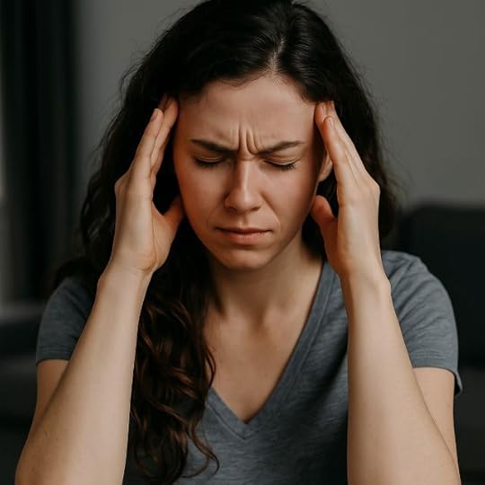 A young woman holds her head in her hands, sitting on a couch with eyes closed, overwhelmed by stress and emotional tension.