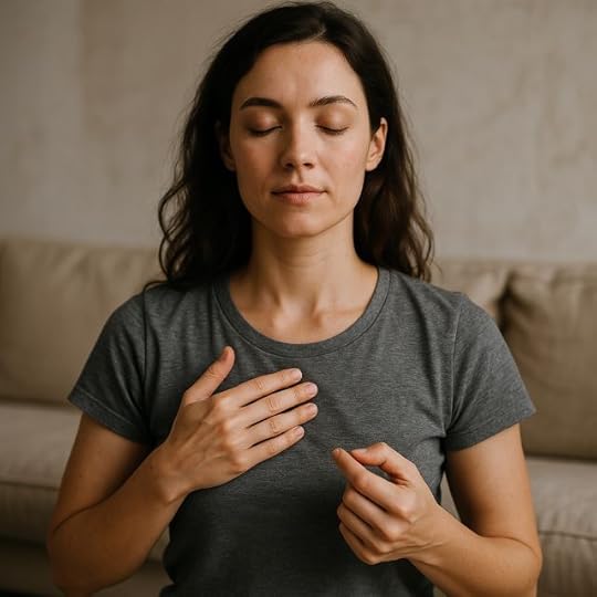A calm woman with light brown hair sitting in a quiet space, gently tapping her collarbone with her fingertips as part of an EFT tapping meditation session.