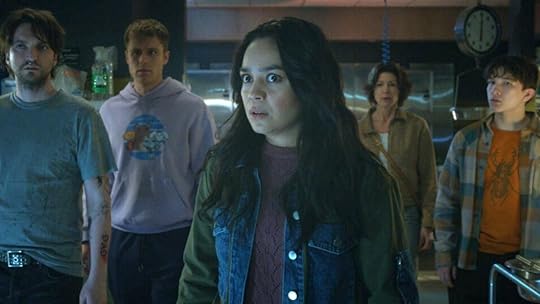 image from final destination bloodlines of shocked look, which is a reaction to movie theater ceiling collapsed