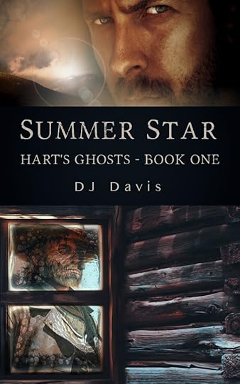 Book cover for Summer Star - Hart's Ghosts Book One. Image of a bearded man's face. Below that is an image of a ghost in the window of an old log cabin