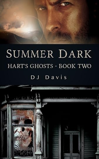 Book Cover for Summer Dark - Hart's Ghosts - Book Two. Image shows a bearded man's face. Below that is a ghost in the window of a derelict bungalow style house