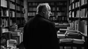 A man who looks like Alfred Hitchcock in a black and white library full of books