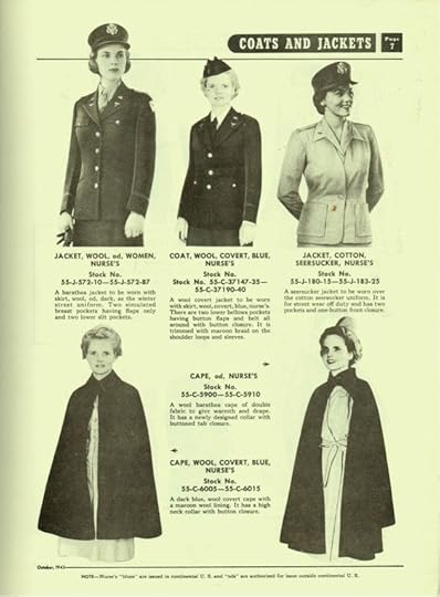 US Army Quartermaster supply catalog QM 3-2, 7 October 1943, showing the olive drab and blue dress uniforms, the seersucker uniform, the white ward dress, and the cape (Source: US Army Service Forces)