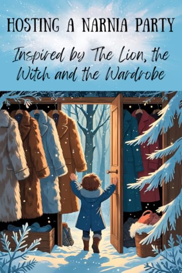 host a Narnia party pinterest pin featuring the wardrobe scene in cartoonish version
