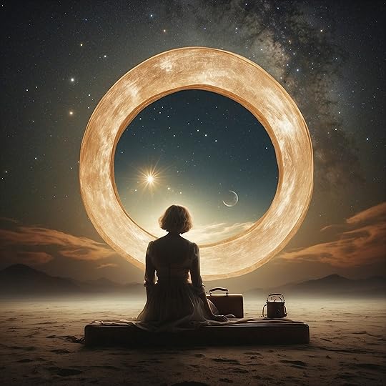Artwork. A large glowing circle in the sky, a portal shaped like the letter O. A woman with her back toward the camera sits and gazes into the circle. Classy, tasteful, warm glow. Generated by LeonardoAI.