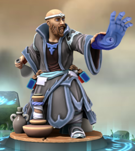 A wizard-like character in blue and grey robes, bald, with a beard, conjuring a hand made of water.