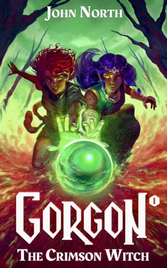 GORGON series book 0 The Crimson Witch cover. Two young people one with red hair, one with blue hair and a blue diadem on her forehead, are running through a mystical blighted forest reaching for a glowing green orb at the same time.