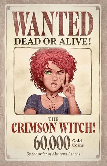 Wanted poster for the titular red-haired character in The Crimson Witch, who has her tongue stuck out and is making the