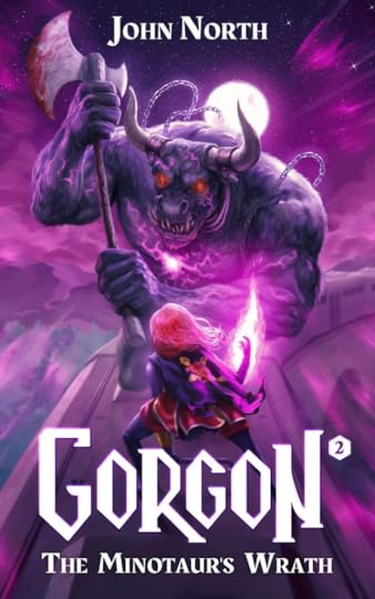 Purple cover for The Minotaur's Wrath, with The Crimson Witch facing a gigantic minotaur weilding a bloody axe in a purple lightning storm.