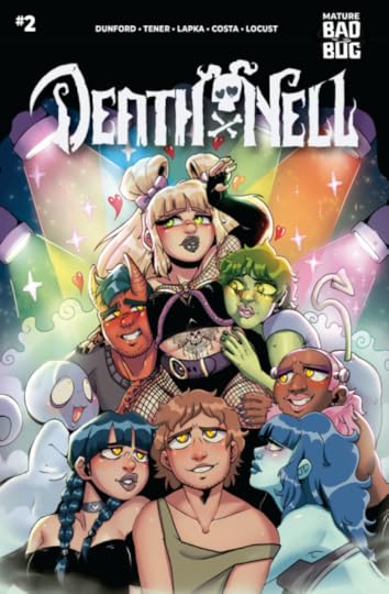 Cover depicts Nell, surrounded by other characters of the comic, with hearts in their eyes, all looking at her in adoration. There's multiple spotlights of different colors shining on her as she sparkles.