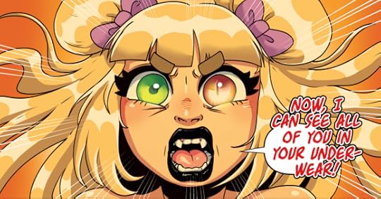 Panel from Death Nell issue 2. Close up of Nell's face. Her hair is billowing backwards as she is casting a spell. She has winged eye lashes, and two different eyes: a normal green human eye, and a slit cat like eye that is orange. Her mouth is open showing her fangs and she has black lipstick on. She yells 