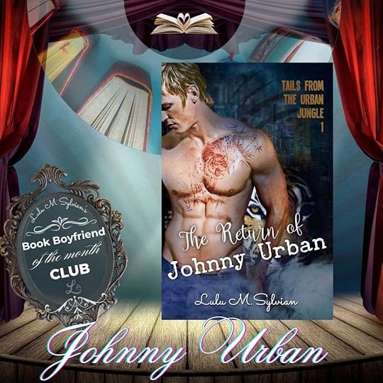 theater stage setting with open red velvet drapes, in the spotlight the book cover to The return of Johnny Urban, ornate scene card to the left with the text Book Boyfriend of the month club