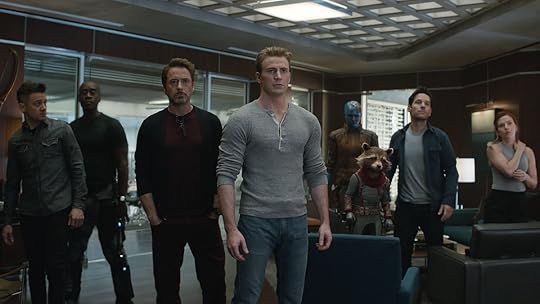 From left, Jeremy Renner, Don Cheadle, Robert Downey Jr, Chris Evans, Karen Nebula, Rocket Raccoon, Paul Rudd, and Marc Ruffalo, in Avengers: Endgame.