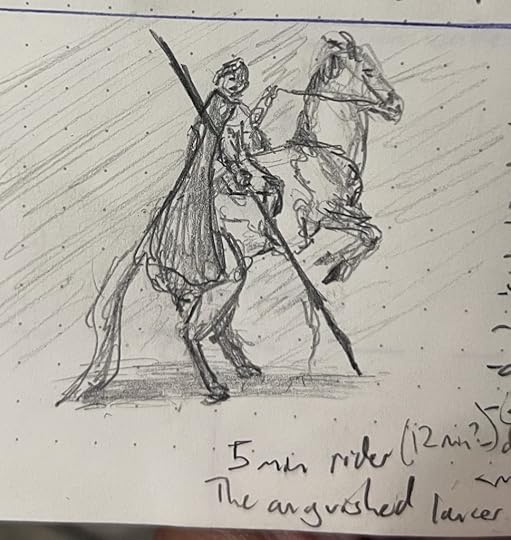 Pencil sketch of a lancer on a rearing steed.