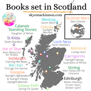 Map of Scotland with books by Skye MacKinnon