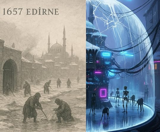 1657 yılında yaşanan şiddetli kış ile yazarın 'Teraryum' kitabındaki distopik dünyanın dikey olarak ayrıldığı, tarihi ve modern Edirne'yi gösteren bir görsel."