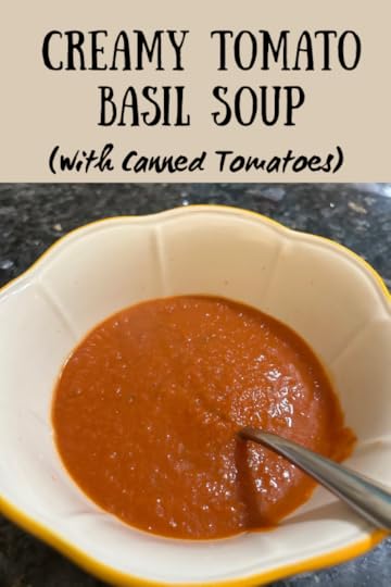 tomato basil soup in bowl; pinterest pin