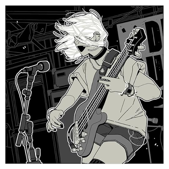 An illustration in black, white, and grey, of a young girl playing guitar. This is Skankabelle Zero Hopeless Savage, of the HOPELESS SAVAGES. Written by Jen Van Meter. Zero's strumming the guitar and singing into the mic as she plays with her band, the DUSTED BUNNIES.